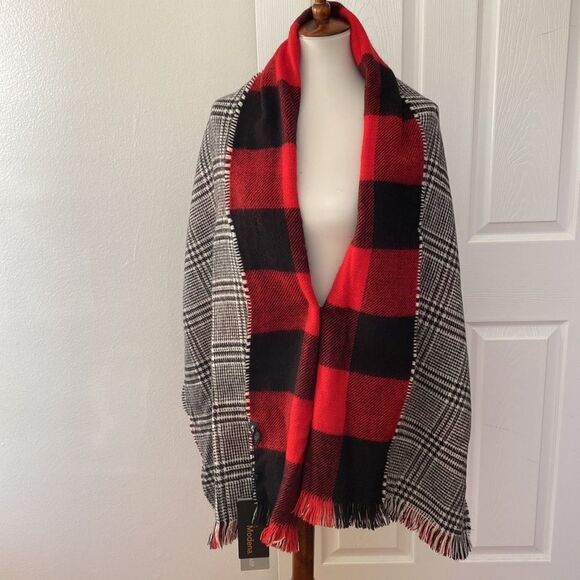 New Modena Plaid Fringe Red Gray Blanket Scarf - Picture 2 of 5